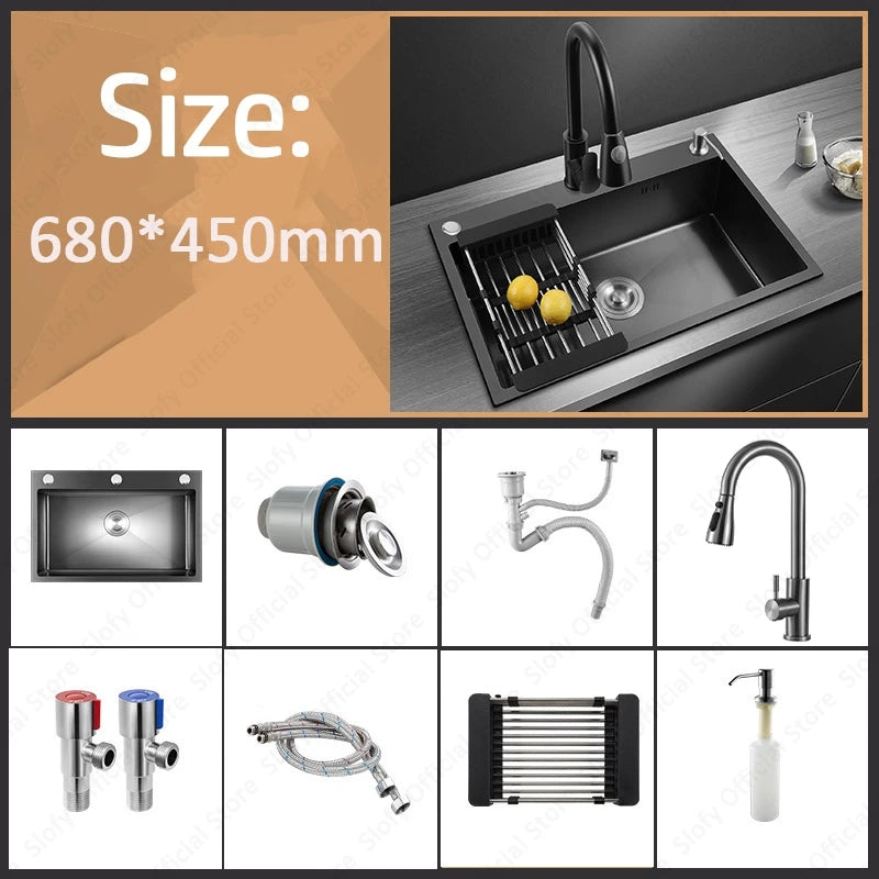 Schwarzes Nano-Waschbecken, einzelnes Waschbecken, kreative Küchenspülen aus Edelstahl, Abflussset für Zuhause, handgefertigtes Waschbecken, Küchenzubehör