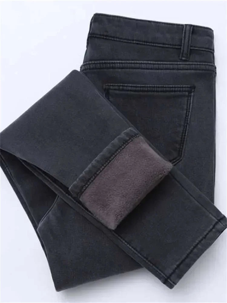 2022 Winter Jeans Women Gold Fleeces Inside Thickening Denim Pants High Waist Warm Trousers Female jeans woman Pants.
