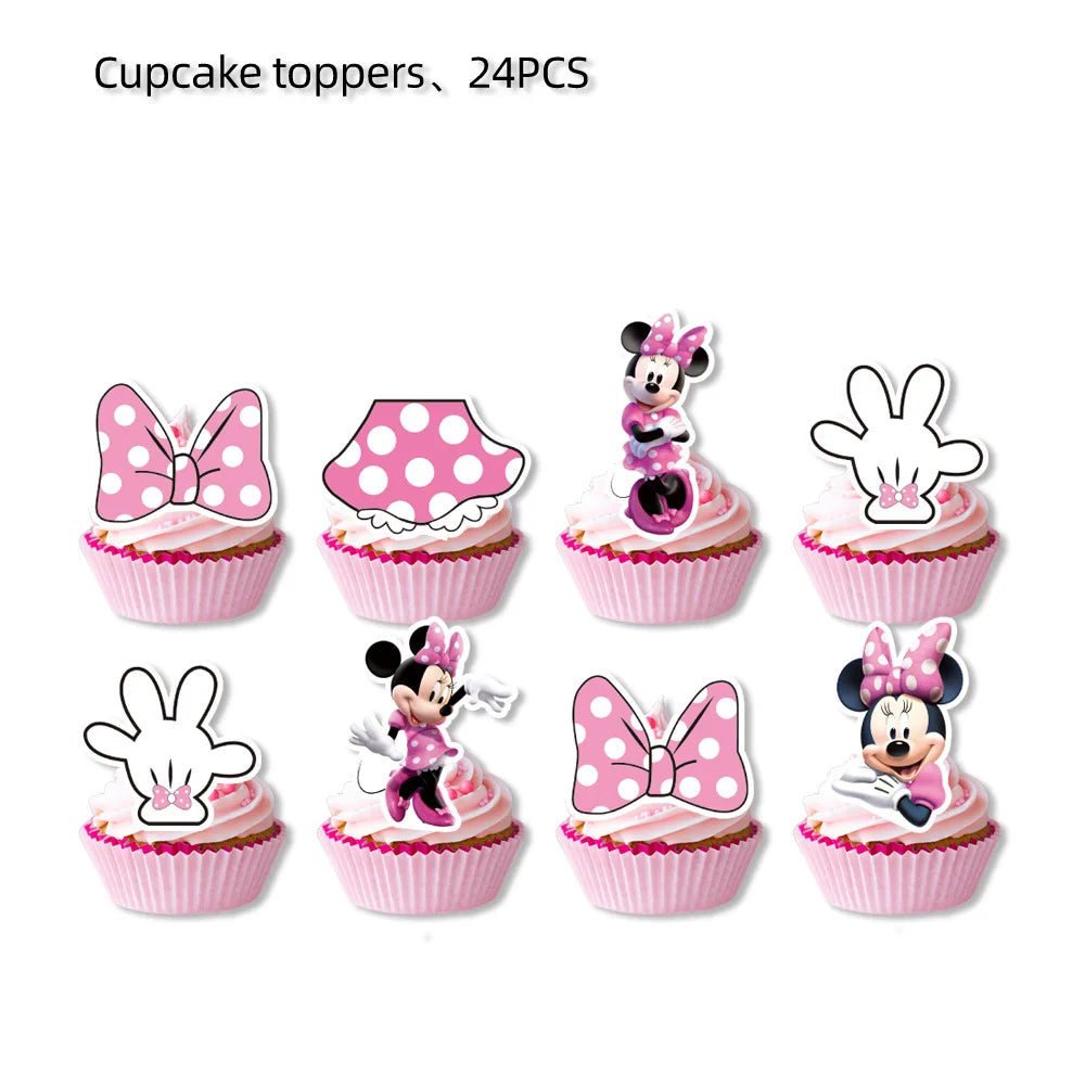 Disney Minnie Mouse Birthday Party Decoration Pink Minnie Paper Cups Plates Napkin Tablecloth Tableware Balloosn Baby Shower Kid