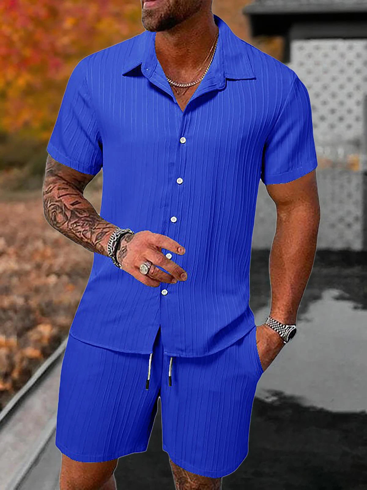 Lazy Street Style Vertical Stripe Slimming Shirt Shorts Two-piece Set No Need To Pair With Autumn Men's Thin Knit Sports Suit