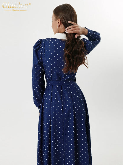 Clacive Mode Lose Druck Frauen Kleid 2025, Casual Revers Langarm Büro Dame Midi Kleider Elegante Klassische Gürtel Weibliche Kleid.