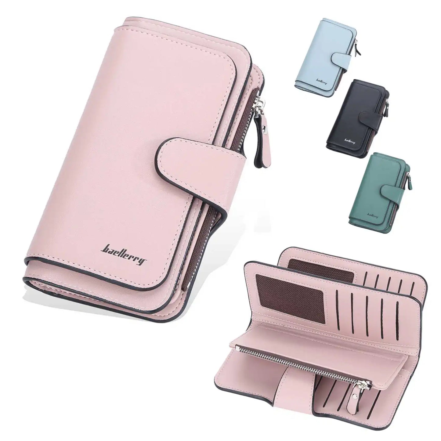 Large Capacity Women's Long Leather Wallet Zipper Buckle Multi-Card Triple Fold Coin Purse Clutch Bag Card Holder.