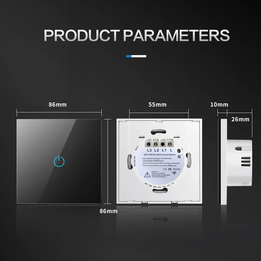 BONDA Smart Switch Alexa RF433 Keine neutrale Tuya-Steuerung funktioniert mit Google 1/2/3 Gang Smart Life Home Light WiFi Touch Switches 86.