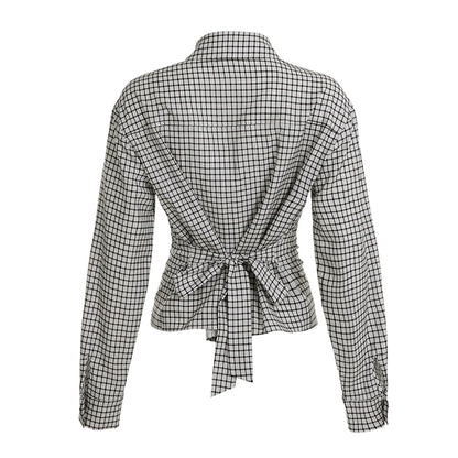 2025 Autumn Winter Women Vintage Long Sleeve Checkered Shirt Design Crop Blouse Y2k 2000s Top Stylish High Street Gyaru Coquette.