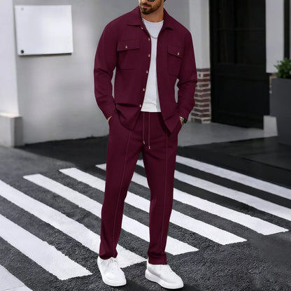 2025 Men's Autumn Casual Street Sport Two-Piece Fashion Solid Color Double-Pocket Collar Buttoned Long-Sleeved Shirt + Pants Set.