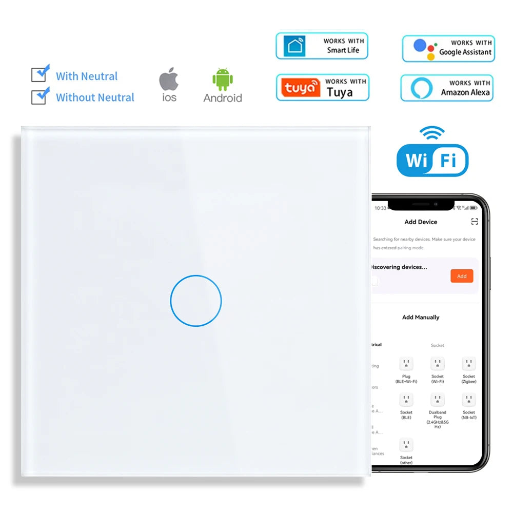 SRAN Smart Switch mit Wandsteckdose 16A EU, Tuya Smart Life Home Touch Sensor WiFi Lichtschalter Weiß