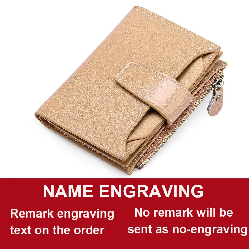 2024 New Short Women Wallets Genuine Leather Zipper Coin Pocket Women Purse Name Engraved Quality Card Holder Kpop Female Wallet