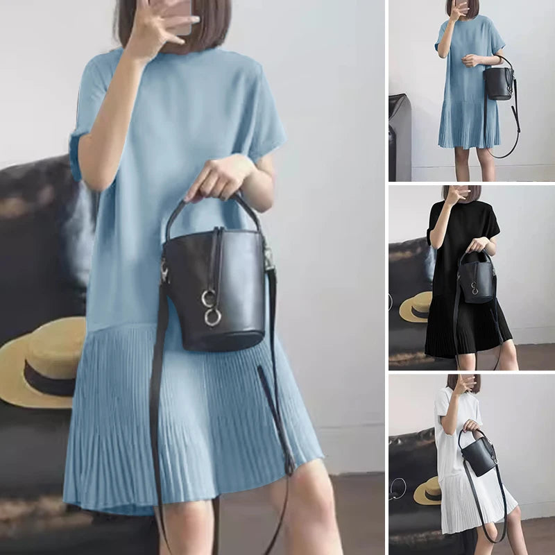 Zanzea lässig solide plissierte Kleid Frauen Sommer Kurzarm knielange Robe 2024 koreanische lose einfache Patchwork Vestido Overs ize.