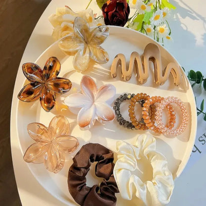 11pcs/Set Fashion Plumeria Hawaiian Hair Clamps Set Colorful Elastic Flowers Hair Clips Rubber Band Hair Rope Hair Accessories.