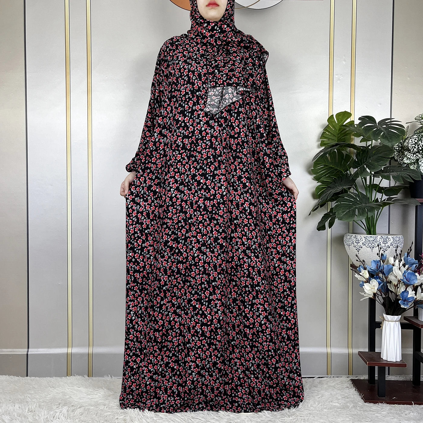 New Muslim Long Sleeved Cotton For Women Ramadan Prayer Turkey Middle East Femme Robe Floral Loose African Abaya Dress Scarfs