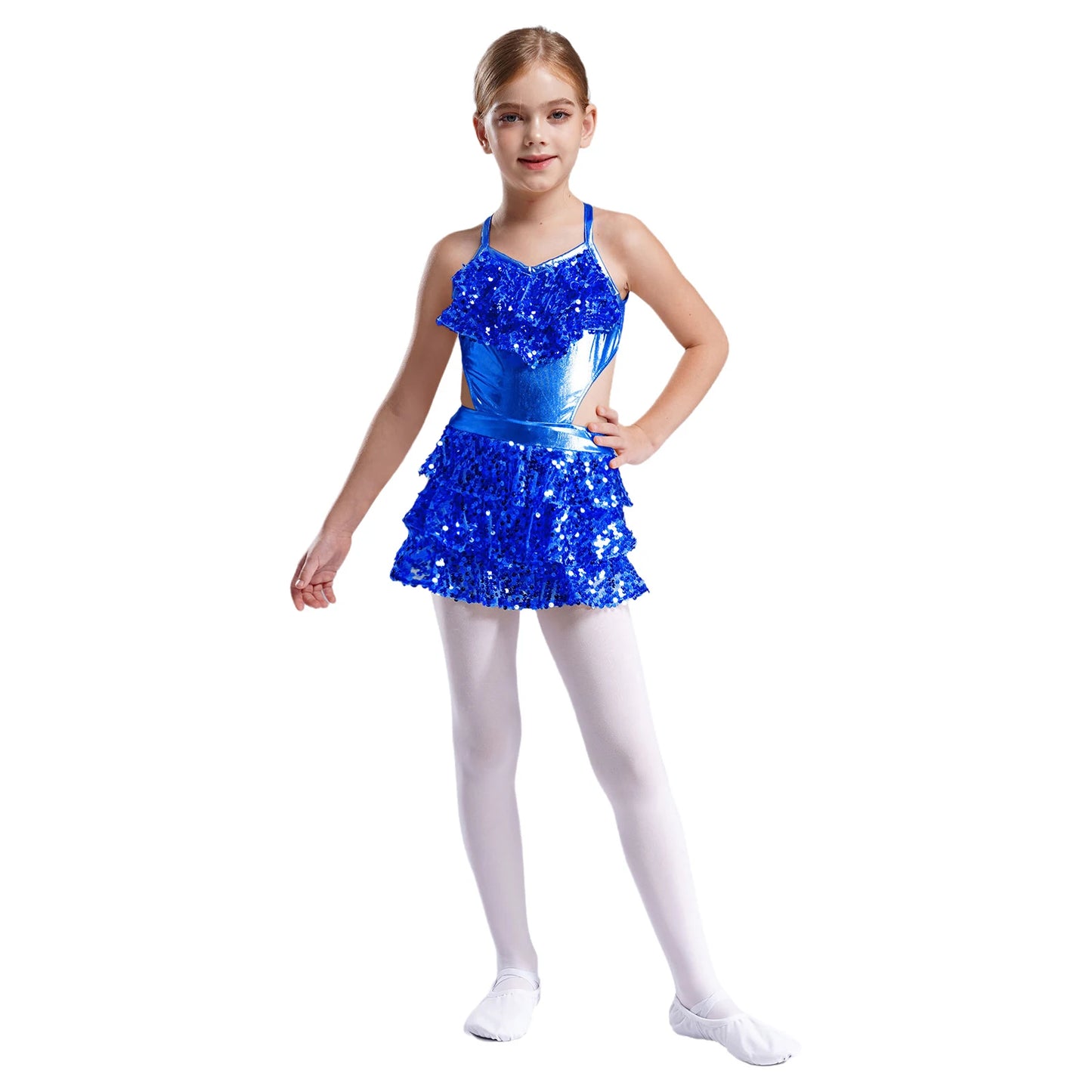 Kinder Mädchen Pailletten Jazz Ballett Tanzkleid Ärmellos Ausschnitt Tiered Rüschen Trikot Salsa Samba Rumba Skating Performance Kostüm