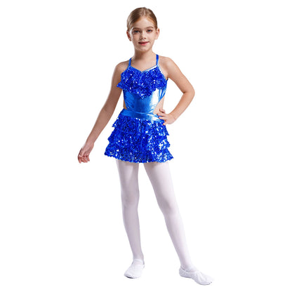 Kinder Mädchen Pailletten Jazz Ballett Tanzkleid Ärmellos Ausschnitt Tiered Rüschen Trikot Salsa Samba Rumba Skating Performance Kostüm