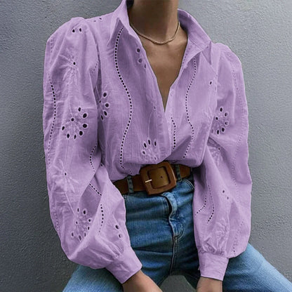 2025 Autumn New Solid Shirt Casual Loose Fashion Hollow Puff Sleeve Cardigan Tops For Women Office Black Hollow out Blouses