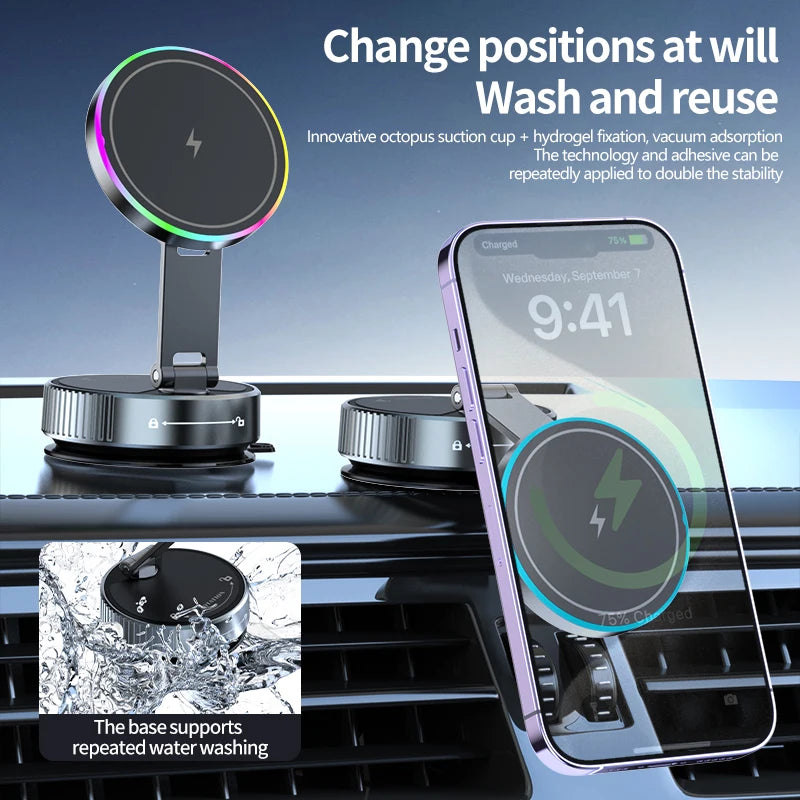 2025 New K3 Wireless Charger Car Phone Holder Colorful Light Vacuum Suction Cup Charging Can 360° Rotate Foldable Phone Holder.