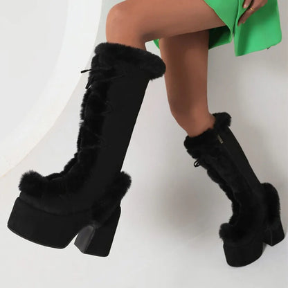 GIGIFOX Fur Super Chunky High Heel Platform Mid-Calf Boots For Women Faux Suede Round Toe Side Zipper Lace-Up Warm Casaul Boots.