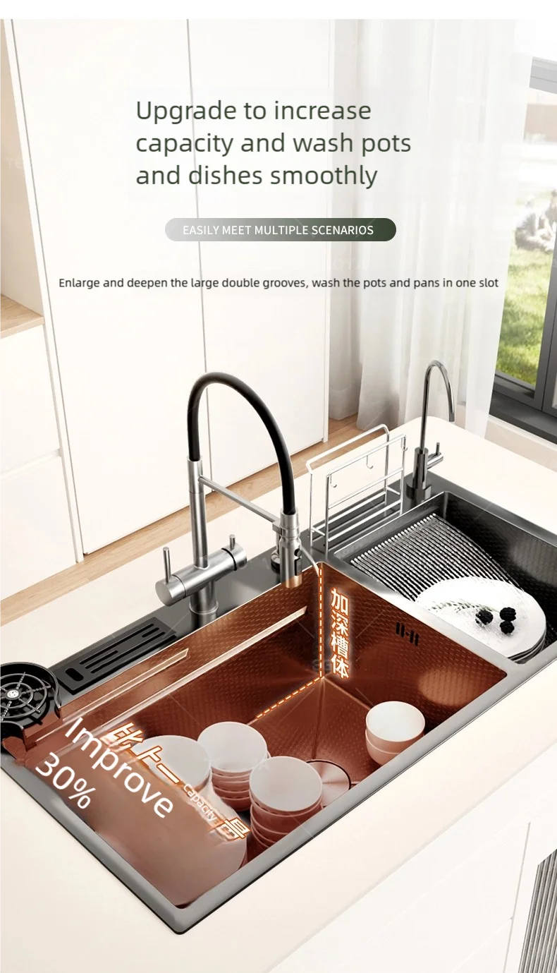 Waterfall Kitchen Sink Stainless Steel Large Double Slot With Chopping Board Rack Knife Holder Multifunctional Dishwash Basin