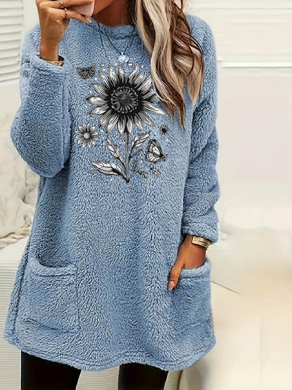 Plus Size Damen Fleece-Sweatshirt mit Schmetterlings- und Sonnenblumenmuster, Rundhalsausschnitt, warmer Pullover, lässige Winter-Langarmpullover.