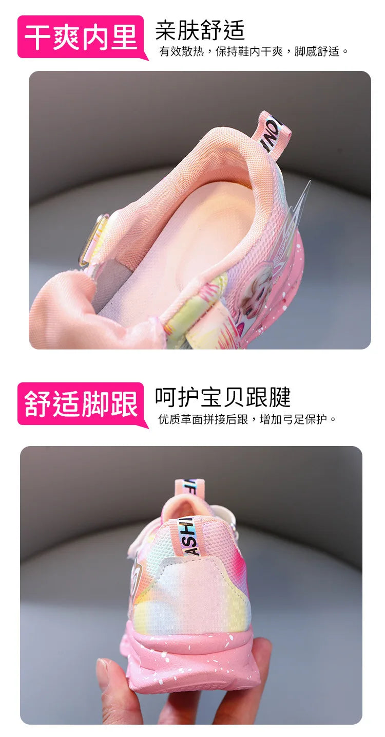 Disney Casual Sneakers LED Lighted For Spring Girls Frozen Elsa Princess Rainbow Outdoor Children Non-slip Pink Purple Shoes.