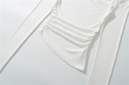 Slim Fit Long Sleeve T-Shirt Irregular Hem Slant Collar Pleated Pure Desirable Sexy Top for Women Fashionable Autumn New Style