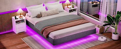 140 x 200 Lattenrost aus Holz mit LED-Beleuchtung, Plüsch, 140 x 200 cm, gepolstertes Bett, graues Leinen-Kopfteil, Schlafzimmermöbel