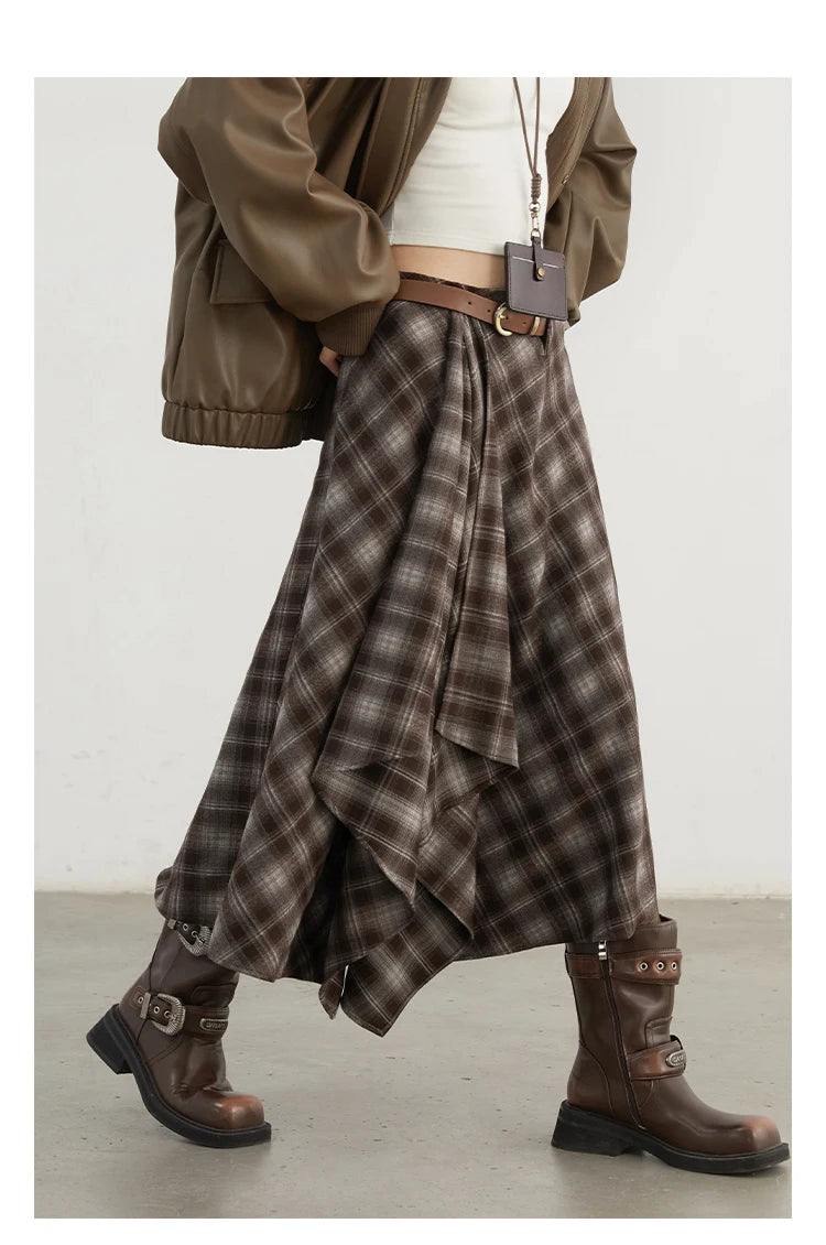 CHIC VEN Women Skirts A Line Retro Loose High Waist Irregular Color Plaid Frosted Half Body Long Ladies Skirt Winter 2025