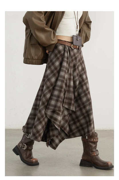 CHIC VEN Women Skirts A Line Retro Loose High Waist Irregular Color Plaid Frosted Half Body Long Ladies Skirt Winter 2025