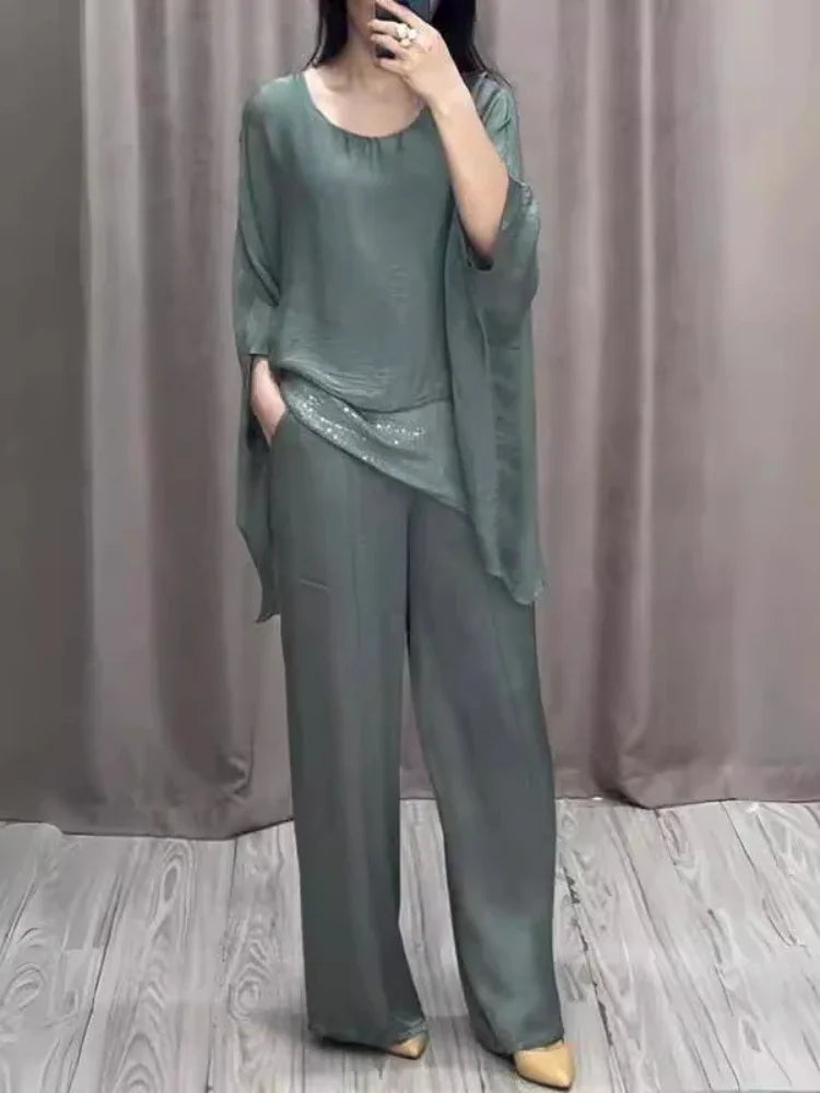 Fashion 2 Piece Set Party Outfits New Spring Summer Elegant Women's Suit Casual Bat Wing Sleeve Blouse Top with Wide Leg Pants.