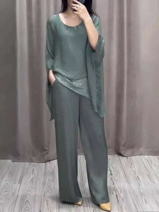 Fashion 2 Piece Set Party Outfits New Spring Summer Elegant Women's Suit Casual Bat Wing Sleeve Blouse Top with Wide Leg Pants.