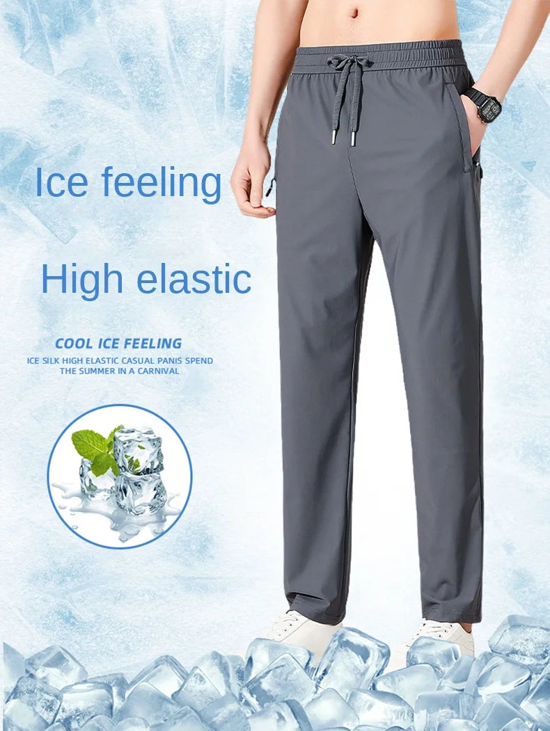 Ice Silk Men's trousers 2024 summer black-and-gray thin style business casual pants outdoor stretch breathable straight leg loos.