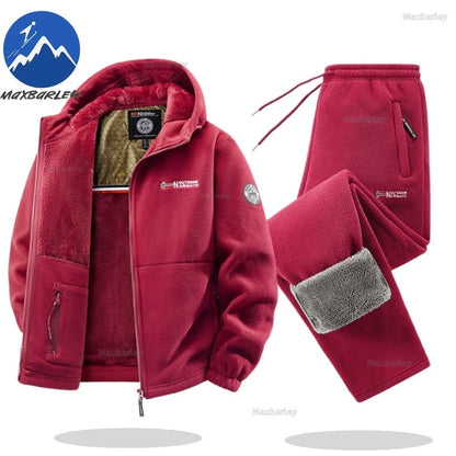 Maxbarley Winter Sportswear Set Mens Retro Training Thick Fleece Jacket + Pants Two Piece Set Casual Ski Running Tracksuit Suit