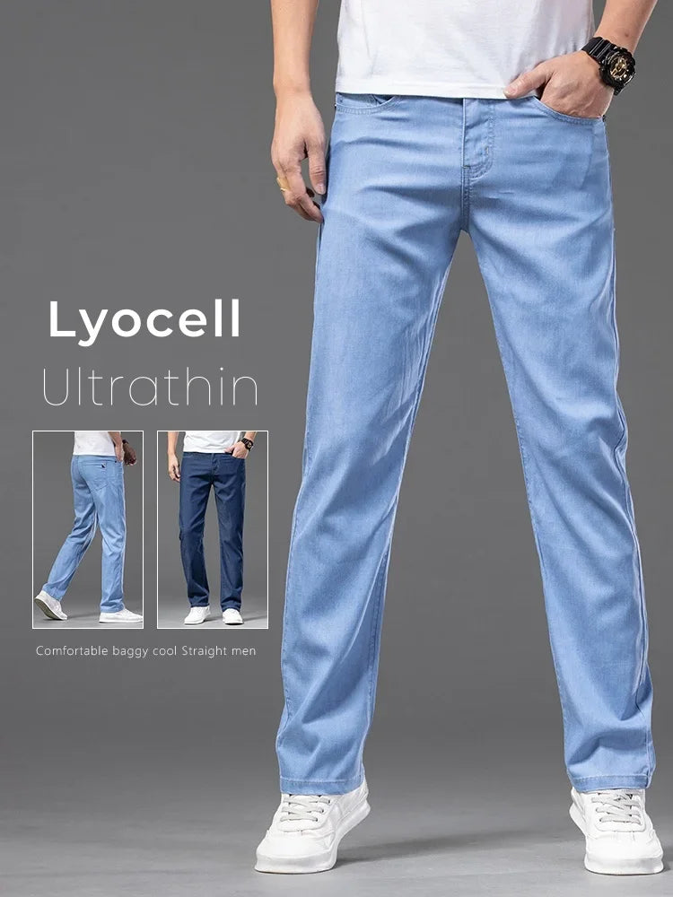 Summer Ultra Thin Men's Loose Jeans Lyocell Ice Silk Fashion Casual Business Denim Pants Straight Stretch Male Trousers.