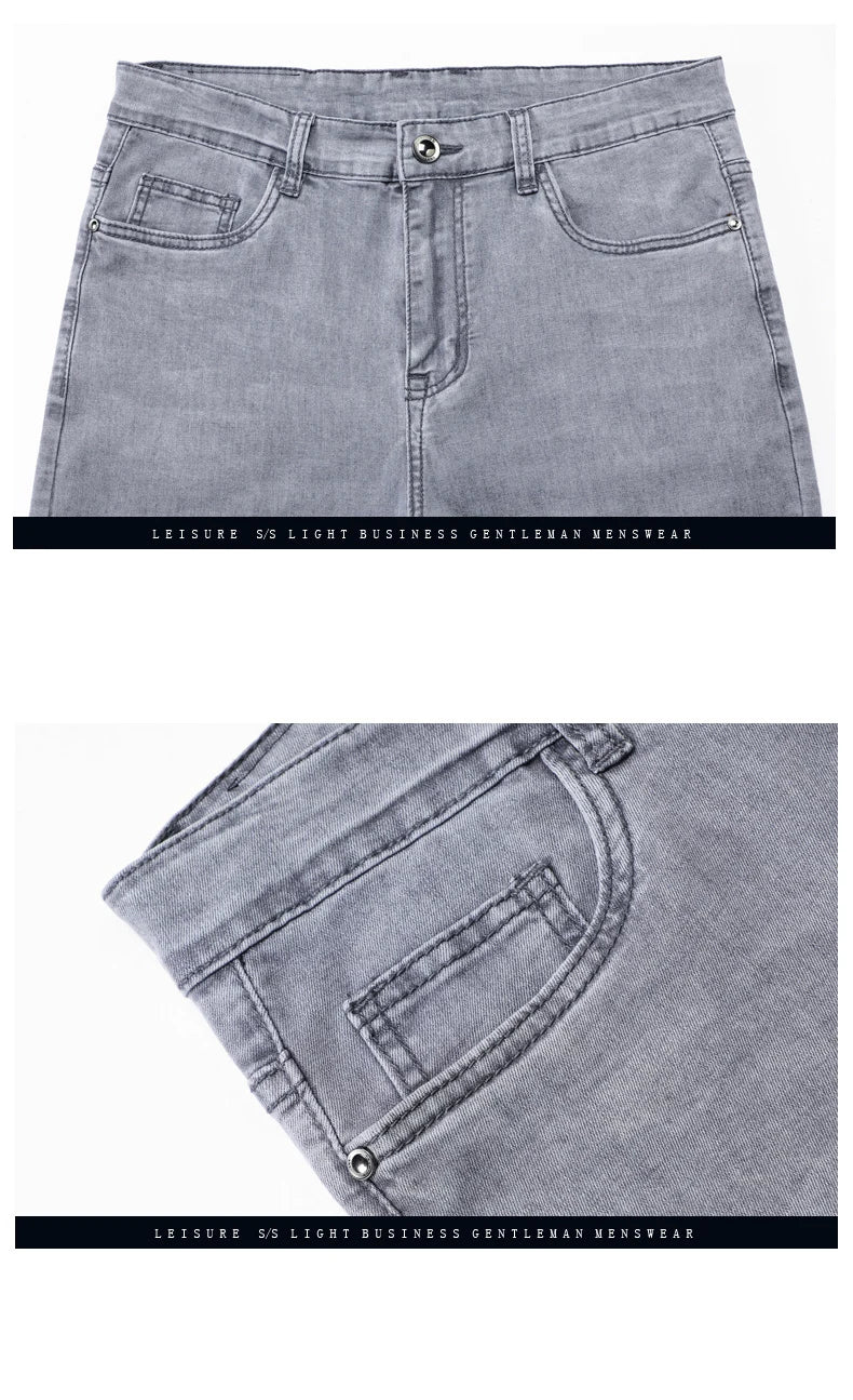 Brand Men's Fashion Summer Thin Jeans Comfortable Stretch Cotton Business Straight Casual Denim Pants Light Gray Blue Pants