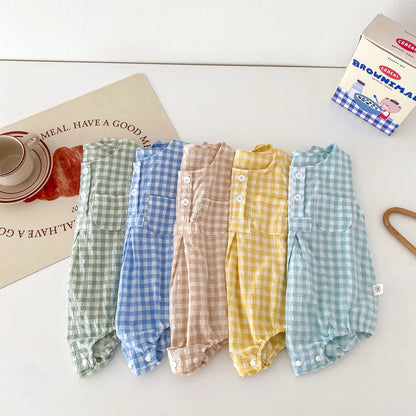 2024 Sommer Baby kleidung Plaid Kleinkind Jungen Mädchen Bodysuit ärmel los einteiliges Kleinkind Outfit.