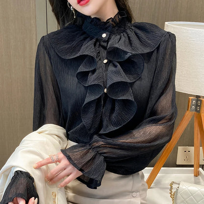 Autumn Vintage Ruffles Clothes Lace Blouse Women Spring Stand Collar White Chiffon Shirt Long Puff Sleeve Loose Tops Elegant.