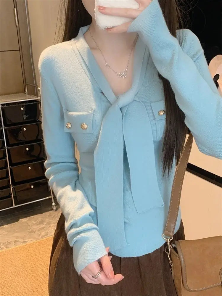 Frauen Frühling Herbst Einfachheit Büro Dame V-ausschnitt Einfarbig Langarm Strickwaren Damen Mode Alle-spiel Temperament Tops