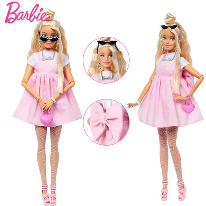 Genuine Barbie Deluxe Style Dolls Pink Dress Outfit Blond Hair Knot Bow Accessories Mesh Tights Toys For Girls Sweet Gift.