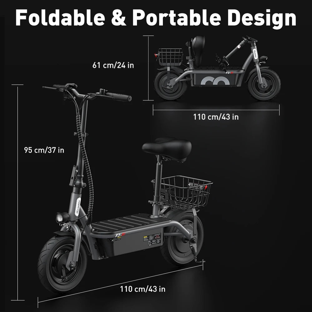 iScooter - F2 Electric Scooter with 500W Motor, 36V 7.8Ah Battery, 10-inch Tires, Adult Foldable Electric Scooter with Seat.