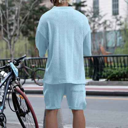 2024 Summer New Men's High Street Casual Loose Jacquard Sportswear V-Neck Short Sleeve Shorts Men's Fashion Suit