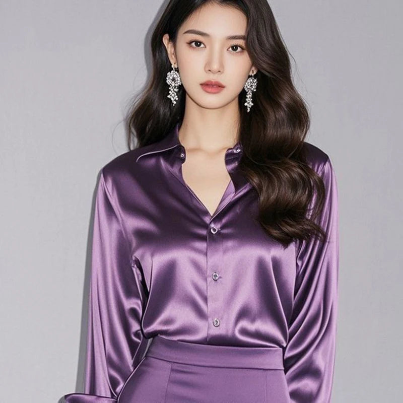 Spring Summer Casual Women's Satin Shirt Lapel Long Sleeve Blouse Loose Solid Color Office Lady Fashion Shirts Top