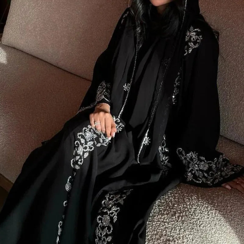 Muslim Women Dresses 3 Piece Sets Scarf Abaya Diamonds Ramadan Morocco Dubai Kaftan Party Vestidos Arab Long Robe Abayas Suits.