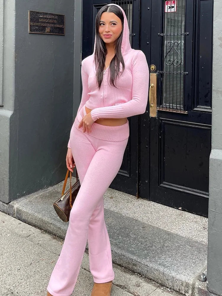 Apprabant Rib Knitted Two Piece Set Women Tracksuit Long Sleeve Zipper Hoodies Skinny Pants Sets Casual Solid Sweatshirt Suits.