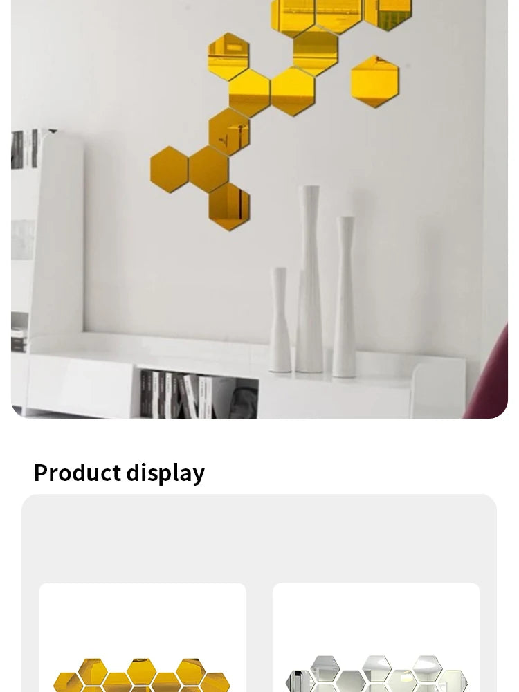 12PCS/Lot Removable Geometric Mirror Wall Stickers - Solid Hexagonal Shape, DIY with Built-in Adhesive for Home Decoration.