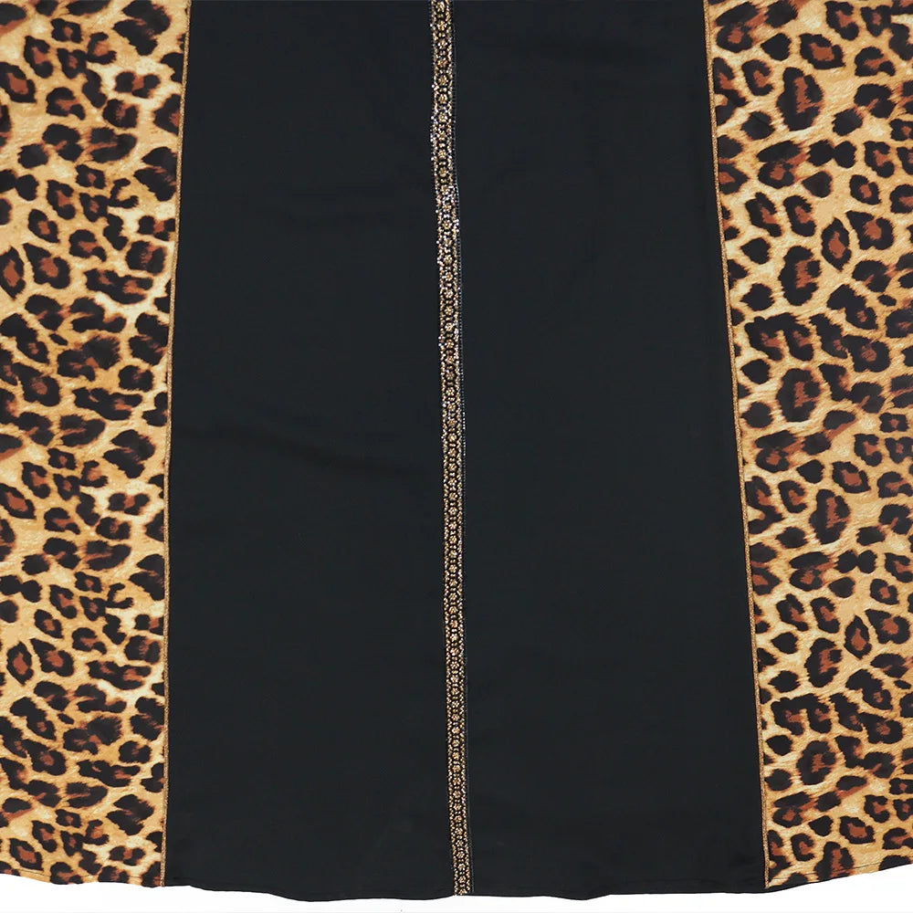 Elegantes arabisches Frauen-Partykleid, afrikanischer V-Ausschnitt, Leopardenmuster, langärmelig, Abaya, modische muslimische Dame, Urlaubskleid, islamische Kleidung