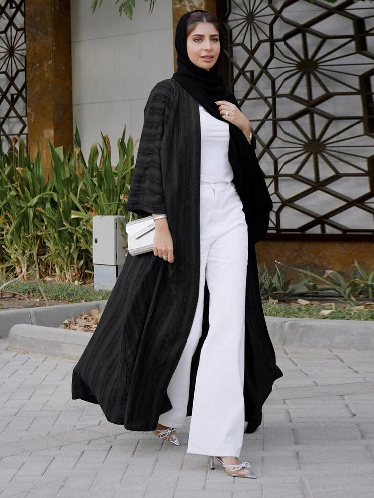 2024 New Fashion Muslim Kimono Abaya Solid Striped Retro Ethnic Cardigan Robe Dubai Middle Eastern Saudi Arabia Eid Clothes