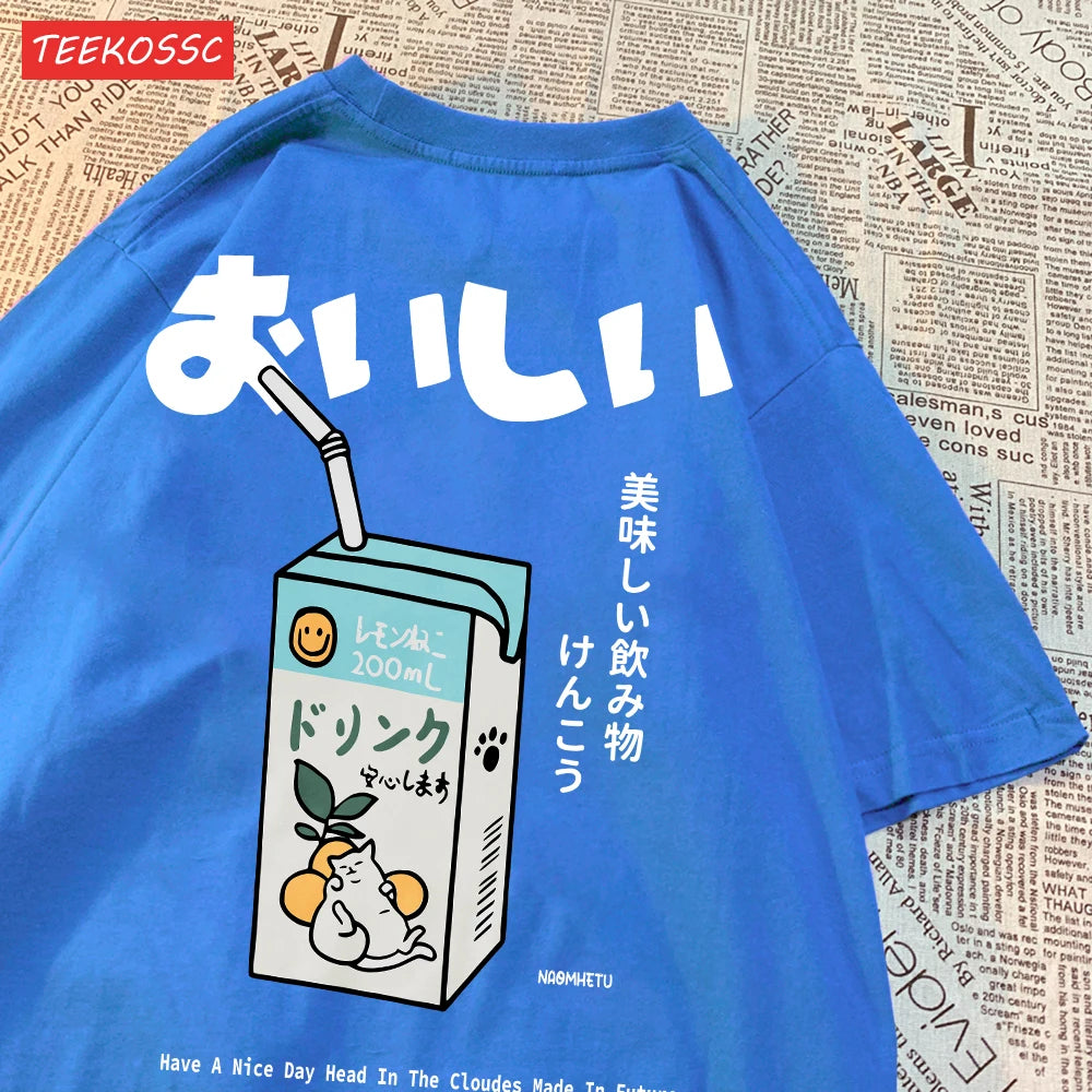 Cute Japanese Cat Print Oversized T-shirt Women Men Short Sleeve Loose Casual Tee Shirt Streetwear Tops Cotton Harajuku Clothing