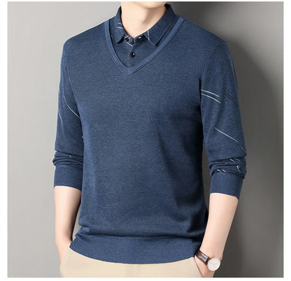Men's Fleece Lining Sweater Autumn Winter Pullover Polo Shirt Collar Fake Two Piece Thick Warm Top Clothes Casual Knitwear.
