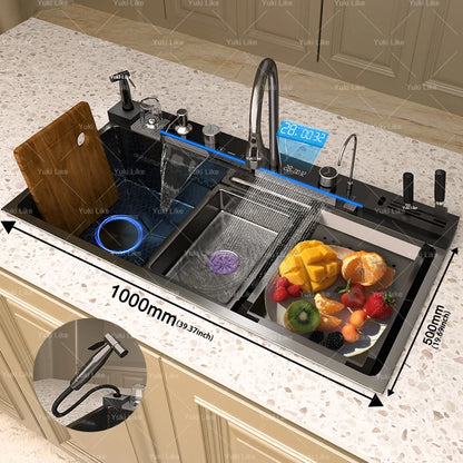 Stainless Steel Waterfall Kitchen Sink New Embossed Extra Large Single Slot Modern Digital Display Dishwashing Basin