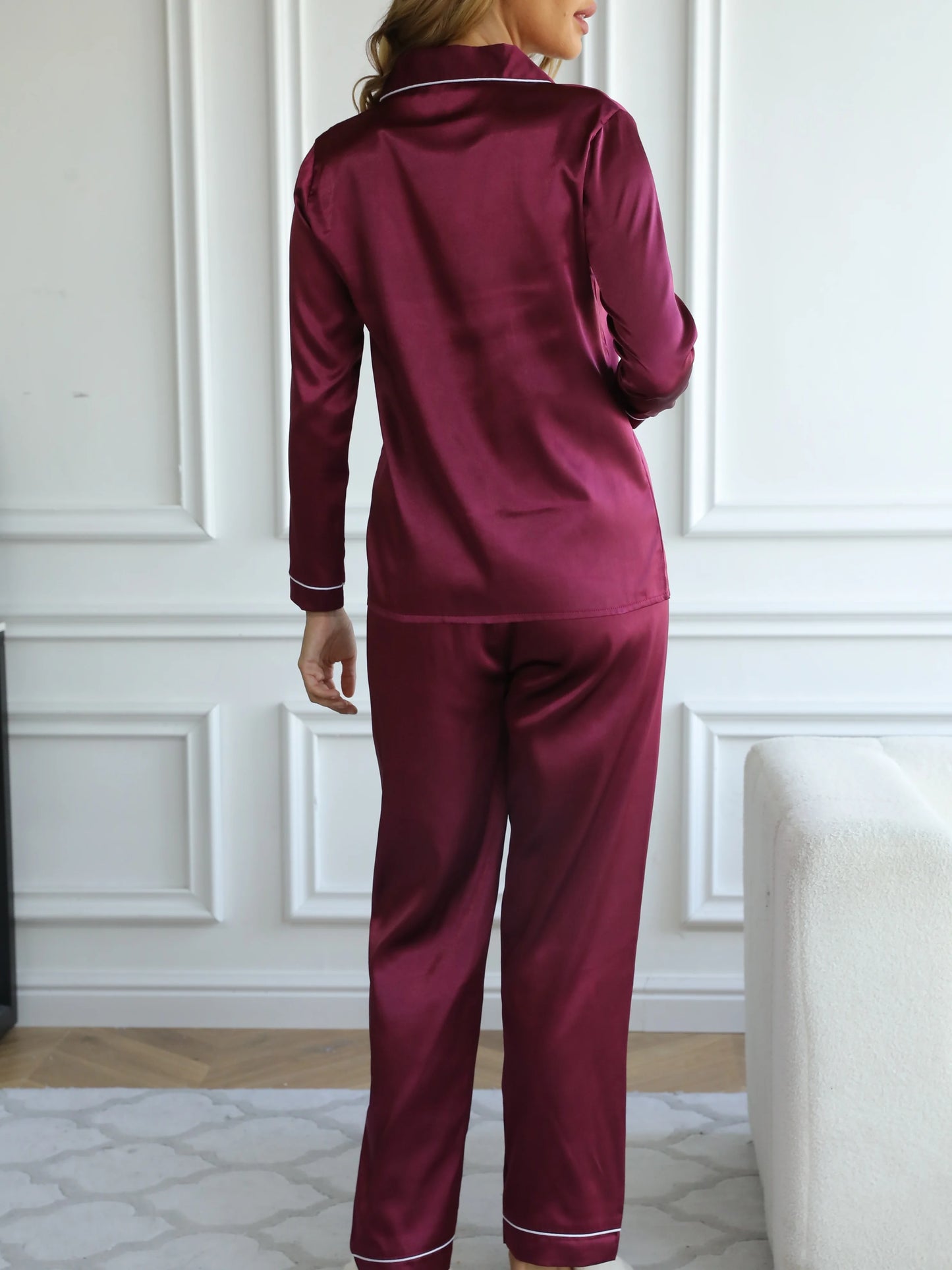 Solides Pyjama-Set mit langen Ärmeln, Knopfleiste, Revers, Oberteil und Hose, Pyjama-Set, Damen-Nachtwäsche und Loungewear