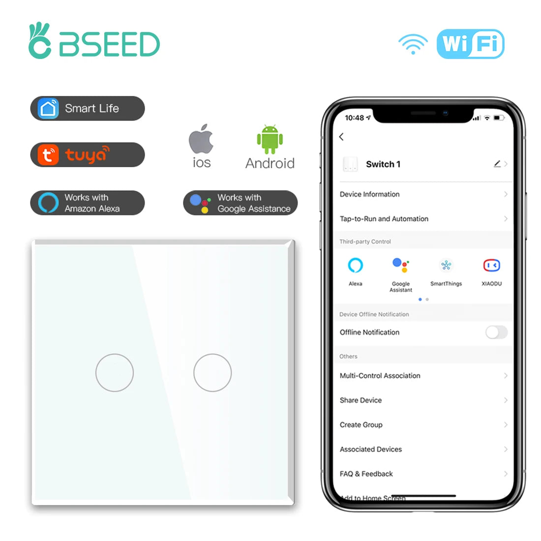 BSEED Wifi Touch Schalter Wand Licht Schalter Mit EU Buchse USB Typ-C Stecker Tuya Smart Leben Alexa Yandex App Steuerung Glas Panel