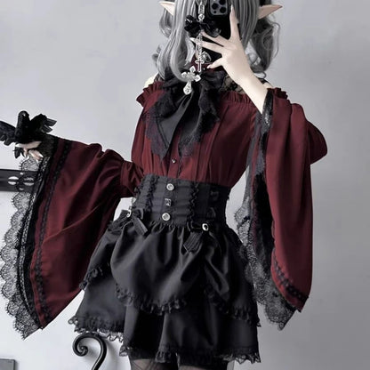 Gothic Y2k Lolita Style Shirts Women Kawaii Ruffled Collar Flare Long Sleeves Blouse Female Japanese Victorian Vintage Slim Tops.